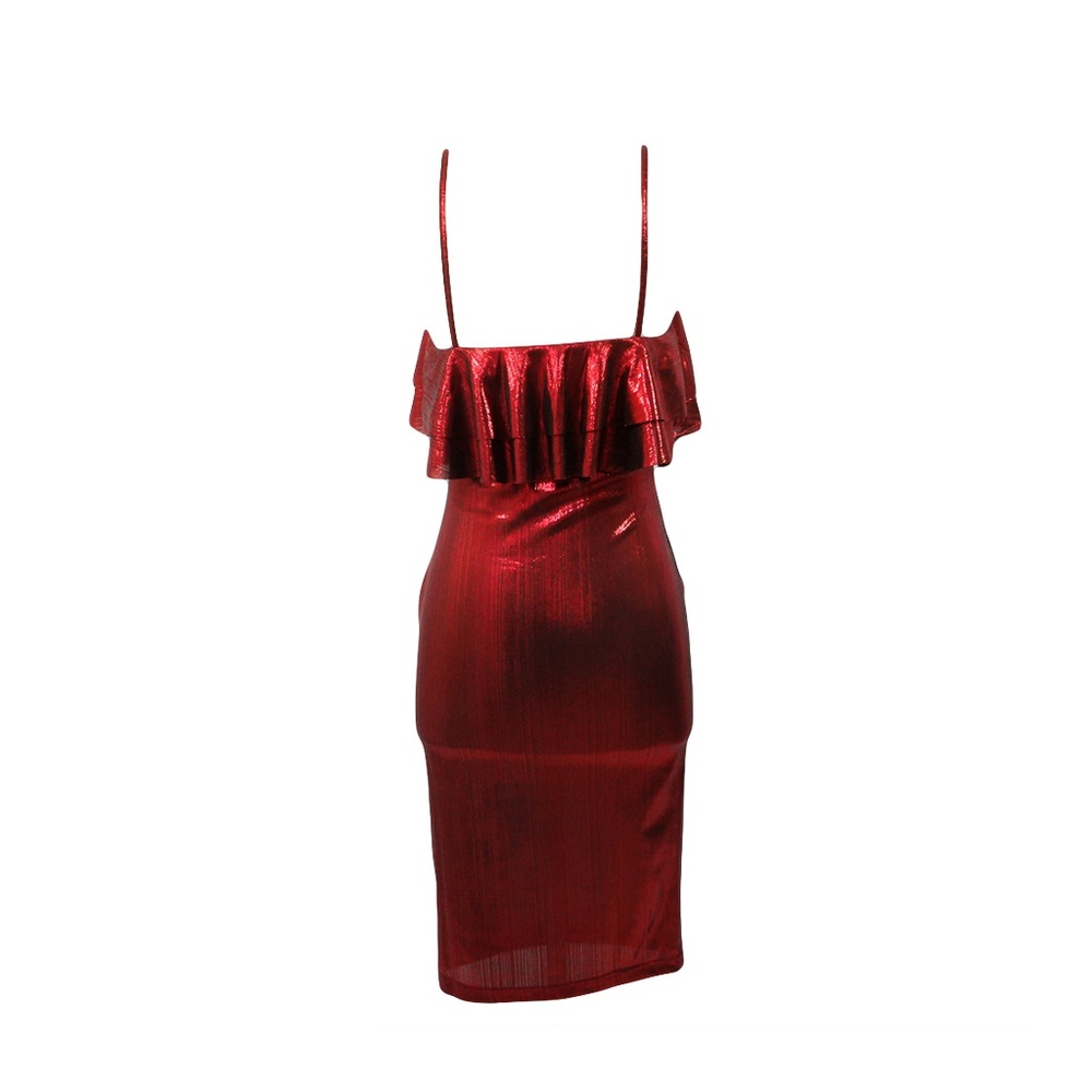 Metallic Bodycon Midi Dress Ruffle Red - Picture 8 of 8